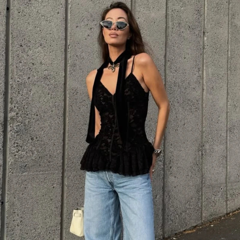 Glorol - Lace V-Neck Slim Sleeveless Top