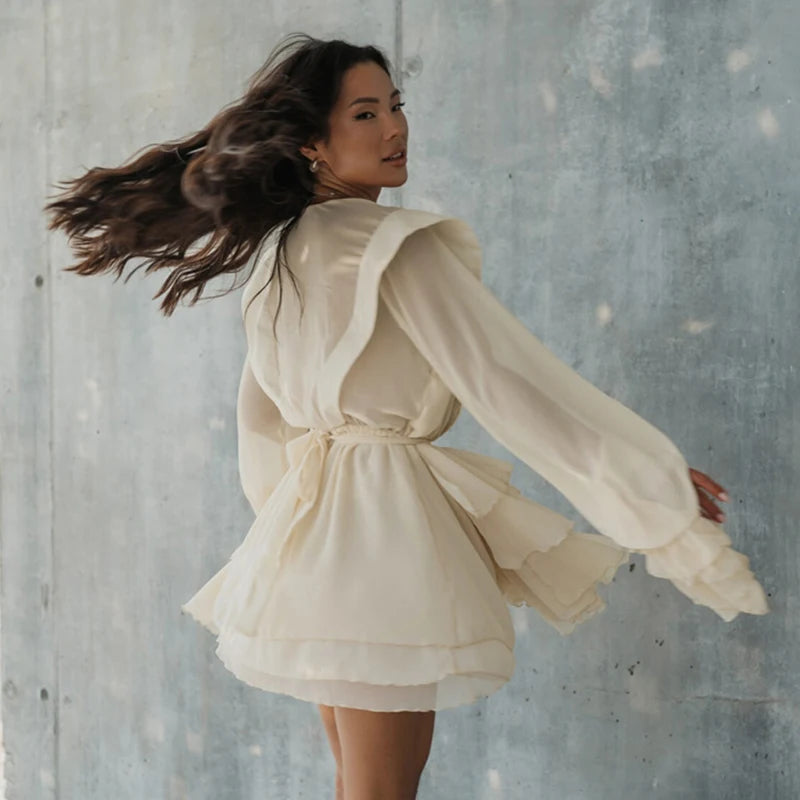 Glorol - See-Through Long Sleeve Lace Up Mini Dress