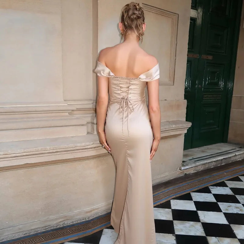 Glorol - Off Shoulder Lace Up Slim Sleeveless Maxi Dress
