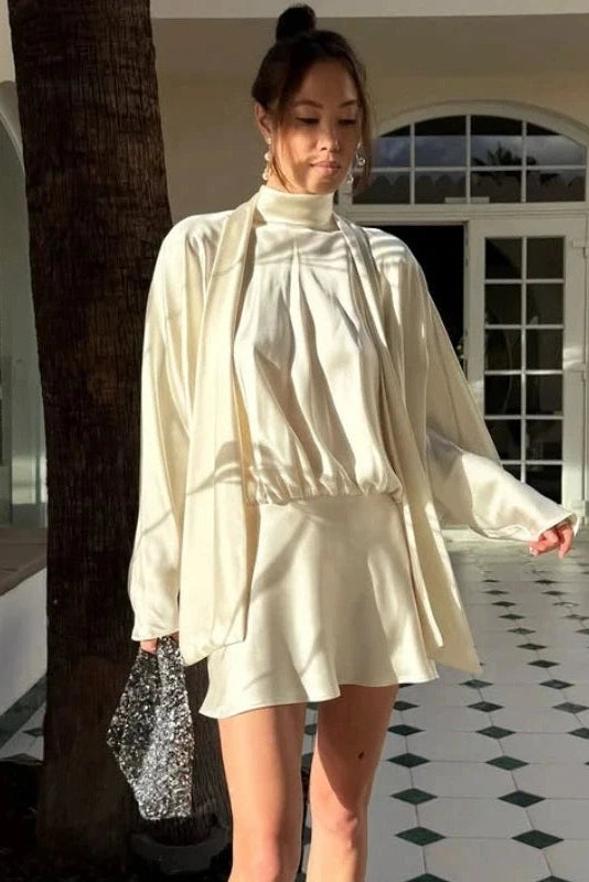 Glorol - Elegant Lace-Up Loose Long Sleeves Mini Dress