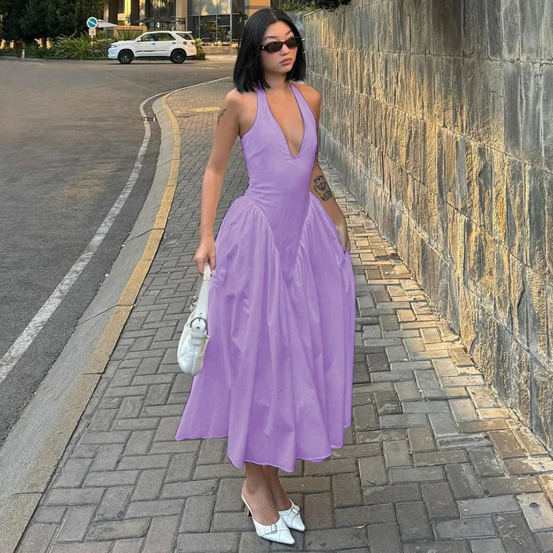 Glorol - Deep V Neck A-Line Pleated Midi Dress