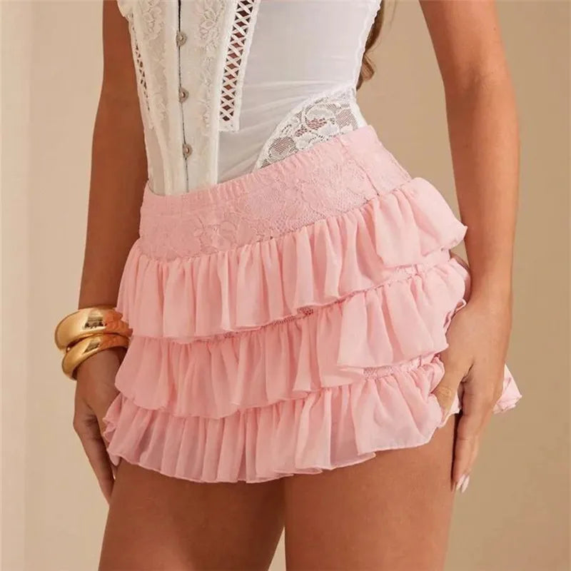 Glorol - Pleated Ruffles Layered High Waist Skirt