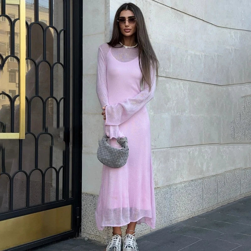 Glorol - See Through Loose Long Sleeve Knitted Maxi Dress