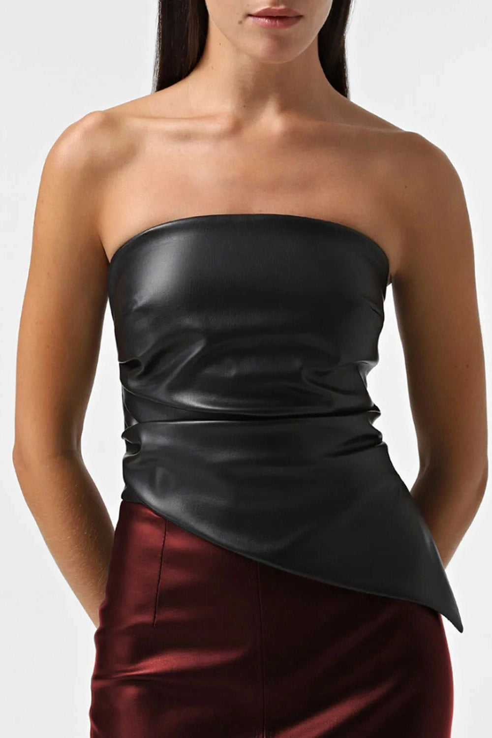 Glorol - PU Leather Pleated Zipper Irregular Top