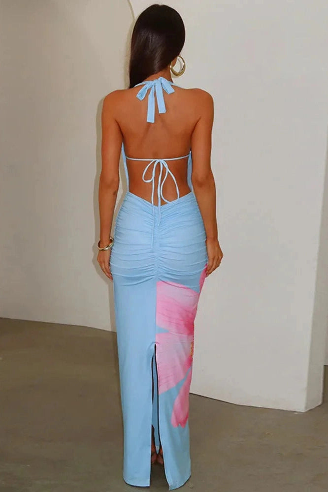 Glorol - Printed Backless Sleeveless Split Bodycon Maxi Dress