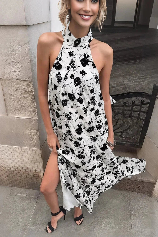 Glorol - Printed Backless Sleeveless Slim Lace-Up Maxi Dress