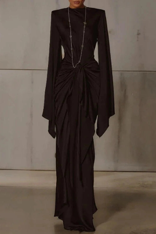 Glorol - O-Neck High Waist Pleated Long Sleeve Slim Maxi Dress