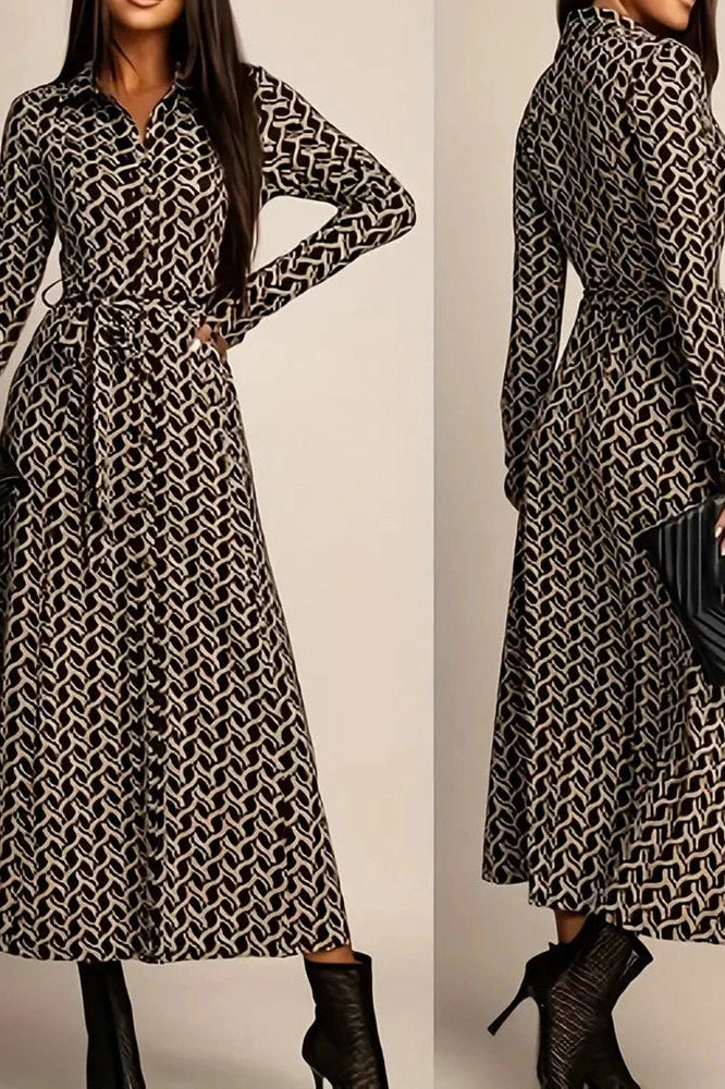 Glorol - Printed High Waist Long Sleeve Pleat Midi Dress
