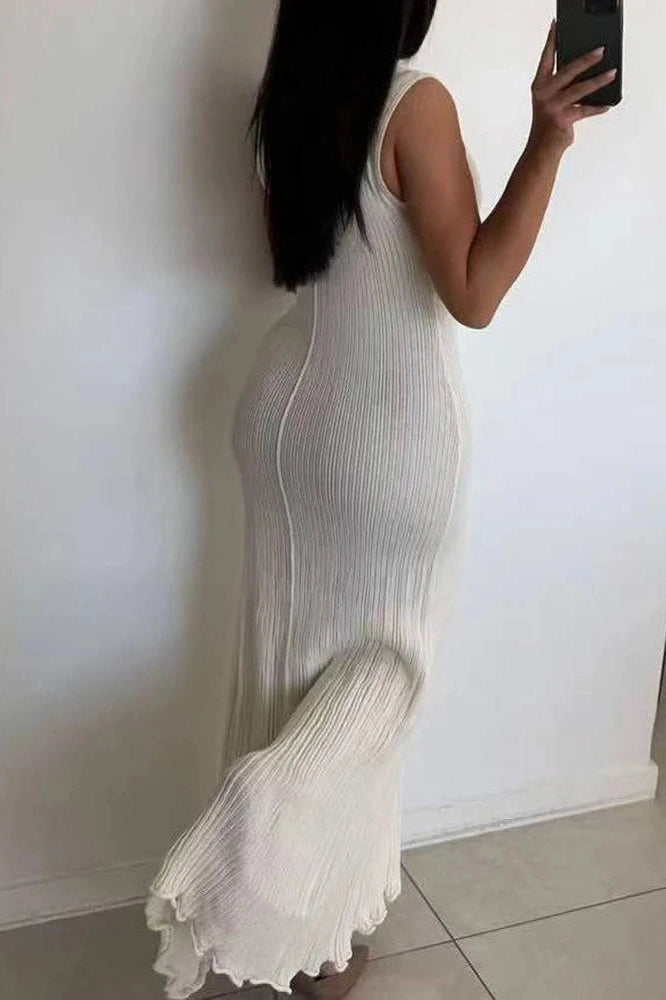 Glorol - Elegant Hollow Out Lace Up Slim Knitted Sleeveless Maxi Dress