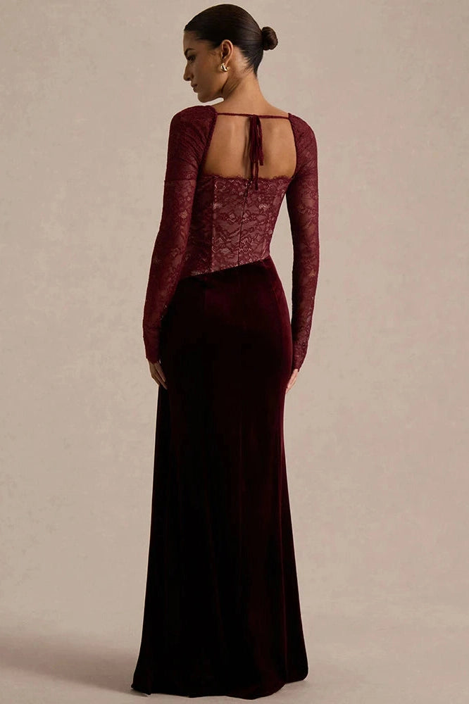 Glorol - Lace Velvet Square-Neck See Through Long Sleeve Split Maxi Dress