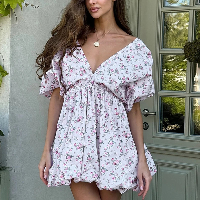 Glorol - Printed Deep V-Neck Puff Sleeve Lace-Up Mini Dress