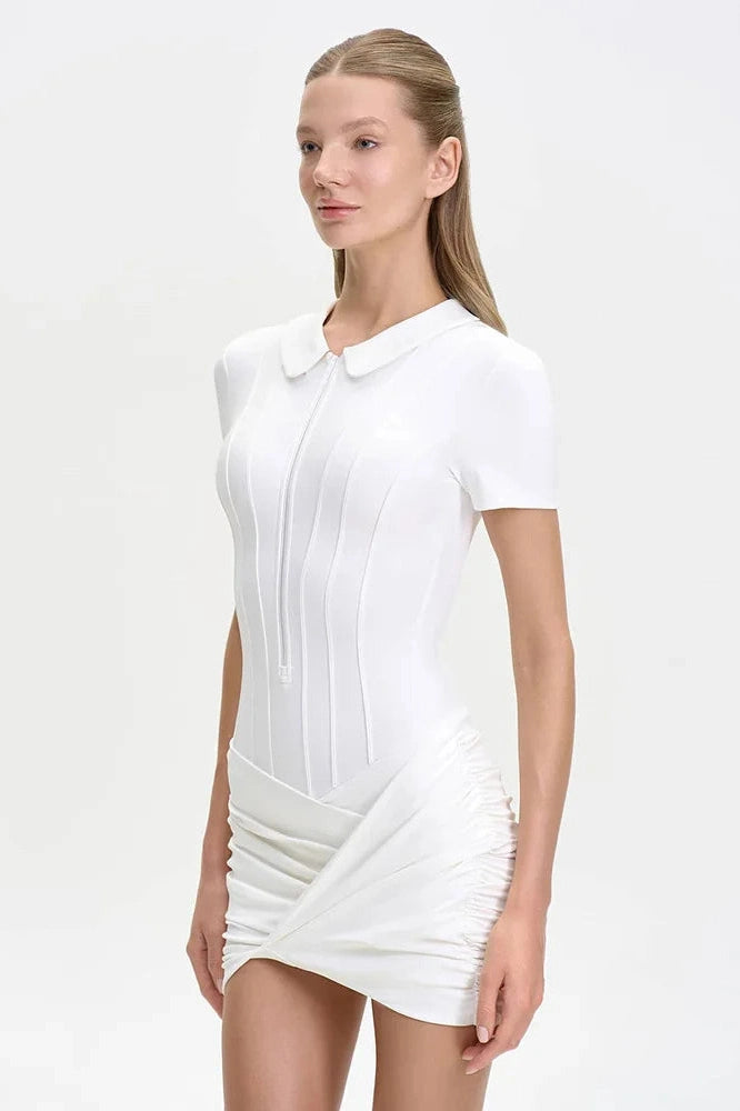 Glorol - Polo Collar Zip Bodycon Jumpsuit