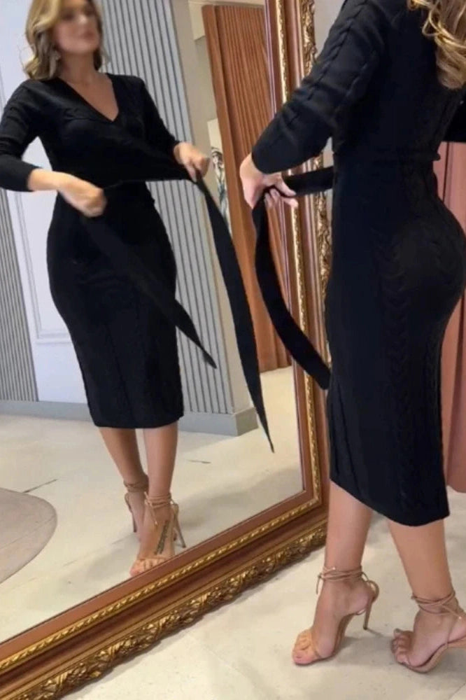 Glorol - Long Sleeve Slim High Waist V-Neck Midi Dress