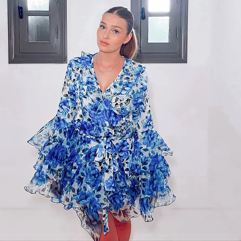 Glorol - Printed V Neck Slim High Waist Mini Dress
