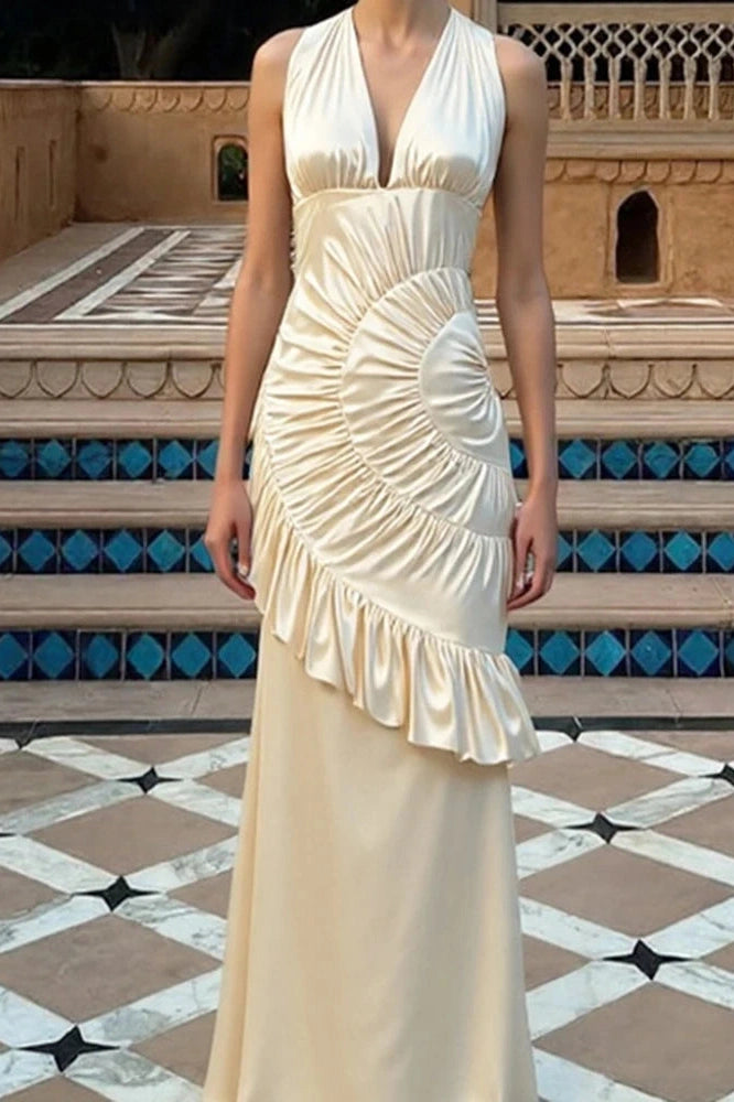 Glorol - Elegant Backless Off-Shoulder Fit High Waist Pleated Irregular Maxi Dress