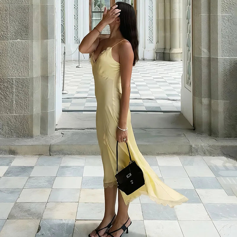 Glorol - Lace Patchwork Backless Sleeveless Midi Dress