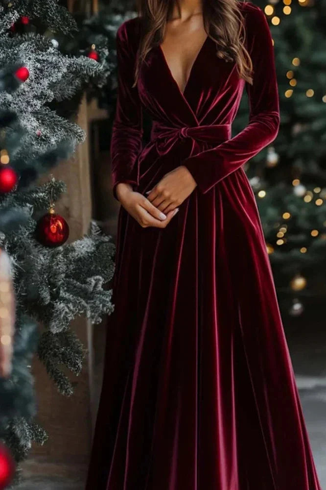 V-Neck  Pleated High Waist A-Line Maxi Dress