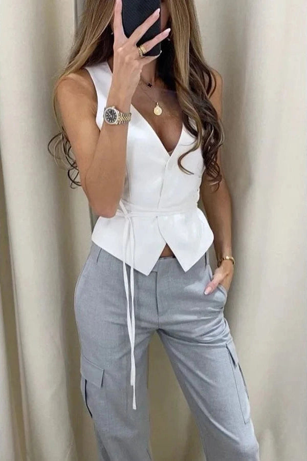 Glorol - Button Lace-Up Sleeveless Top