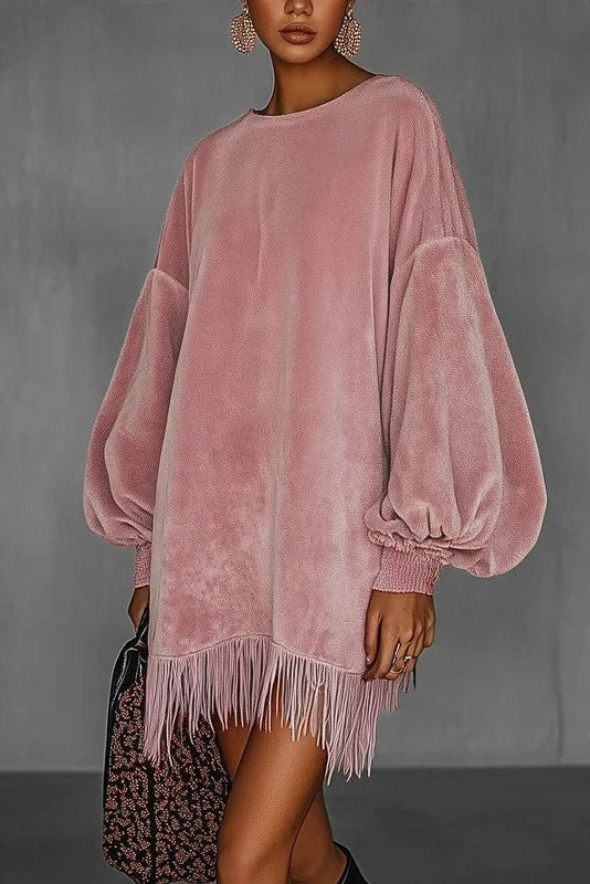 Elegant O-Neck Long Sleeve Loose A-Line High Waist Mini Dress