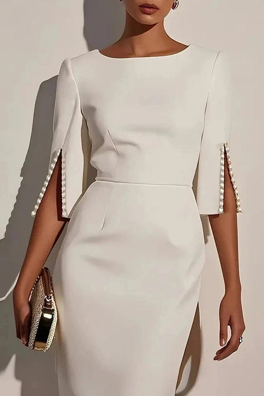 Glorol - Elegant O Neck Split Half Sleeve Slim Midi Dress