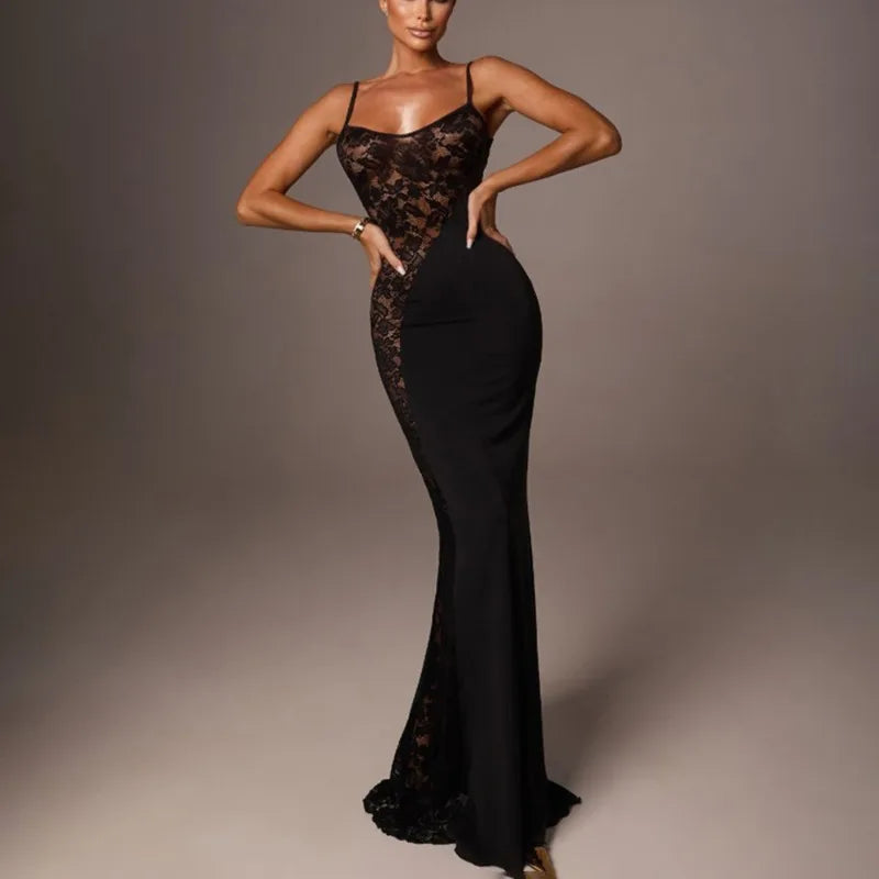 Glorol - Lace Patchwork See Through Sleeveless Maxi Dress