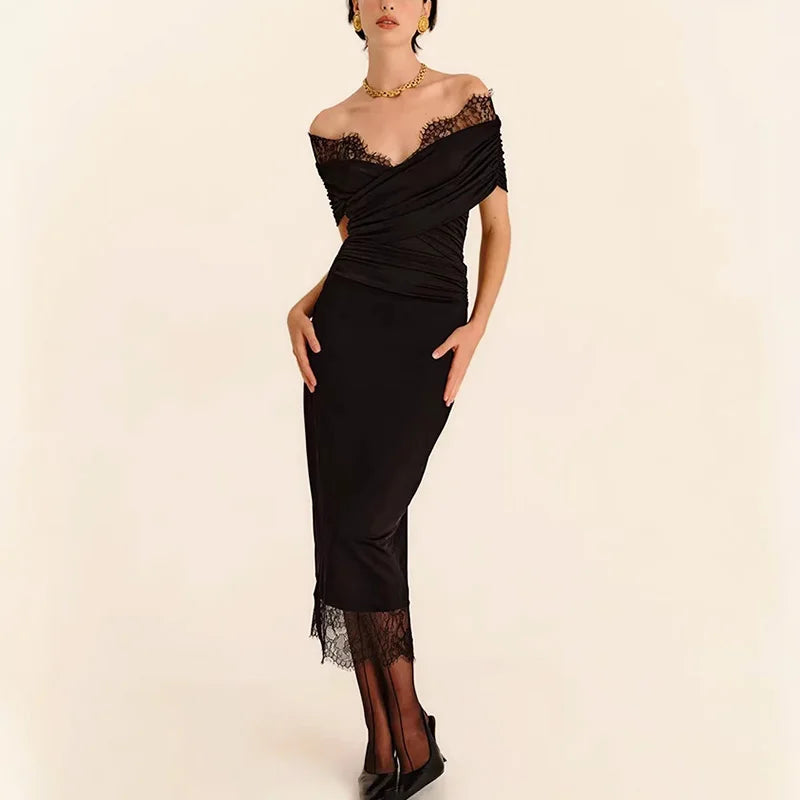 Glorol - Lace Patchwork Off Shoulder Split Backless Maxi Dress