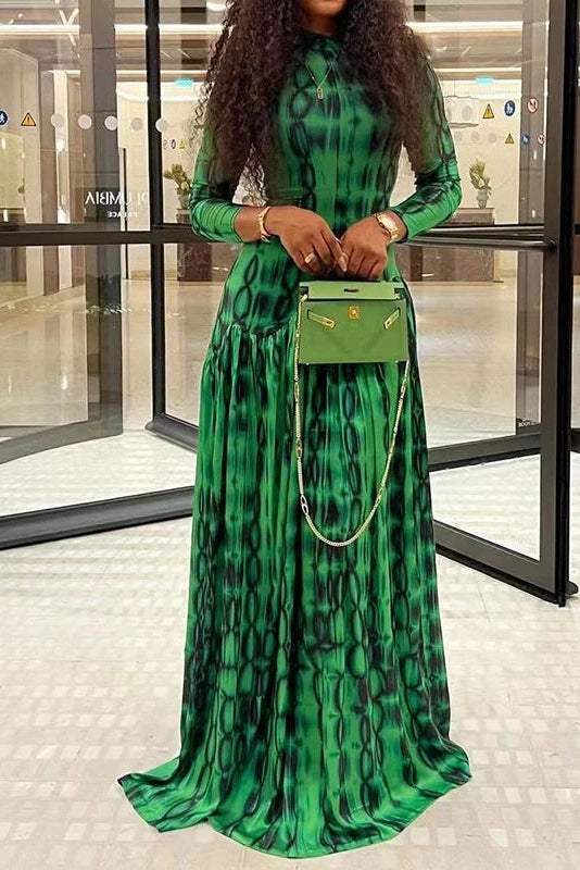 Glorol - Printed Long Sleeve Slim High Waist Pleated Maxi Dress