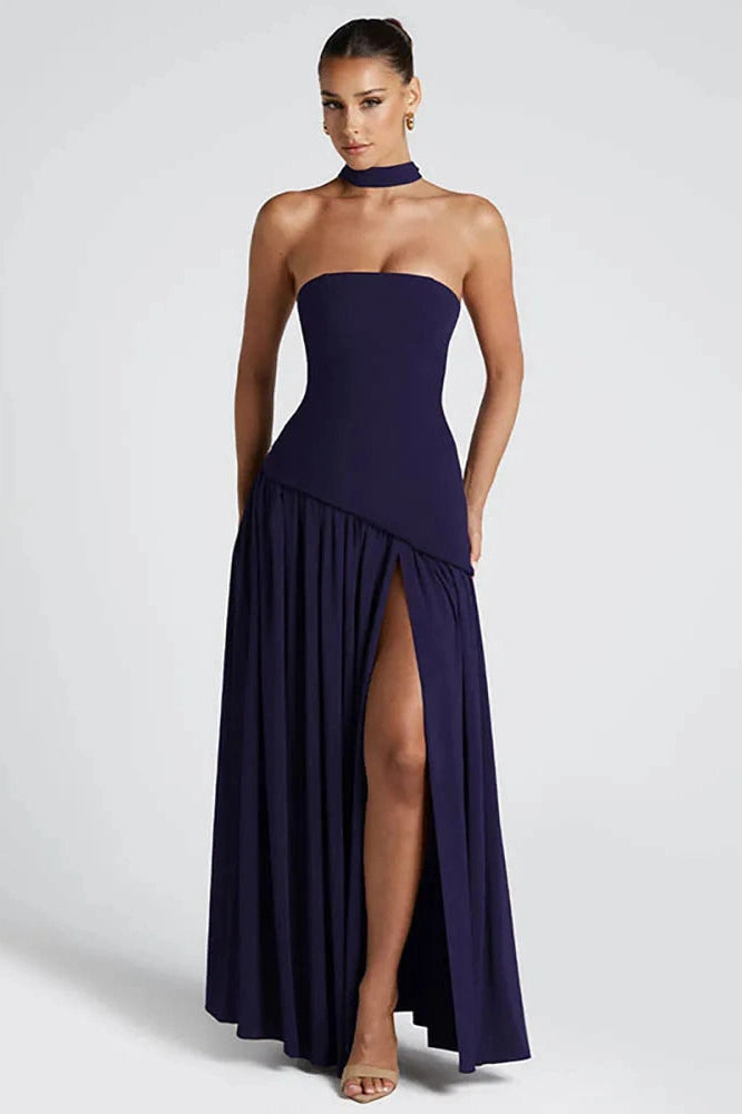 Glorol - Off-Shoulder Scarf Collar Strapless Sleeveless High Split Maxi Dress