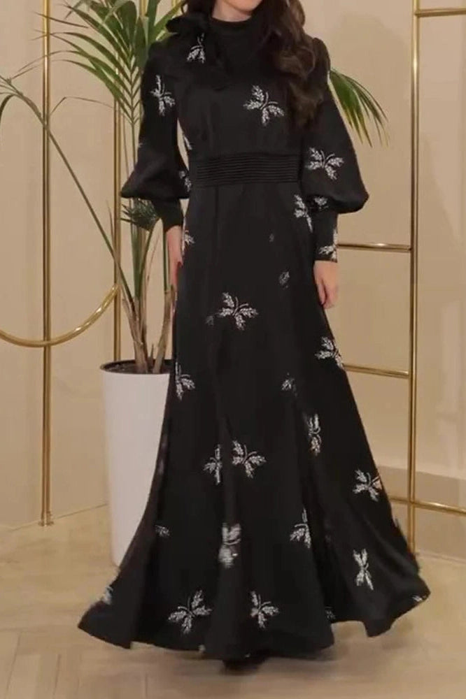 Glorol - Elegant Printed Pleated High Waist Long Sleeve Slim Maxi Dress