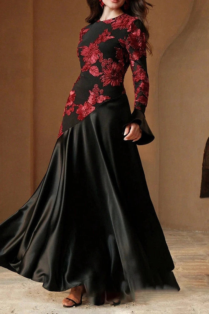 Glorol - Elegant High Waist O-Neck Flare Sleeve Pleated Maxi Dress