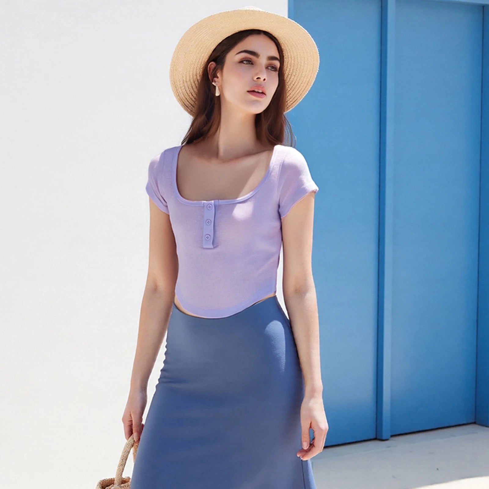 Glorol - Button-Up Scoop Neck Sleeve Slim Top