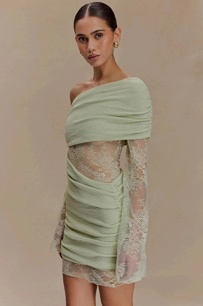 Glorol - One Shoulder Backless Lace Long Sleeve See Through High Waist Mini Dress