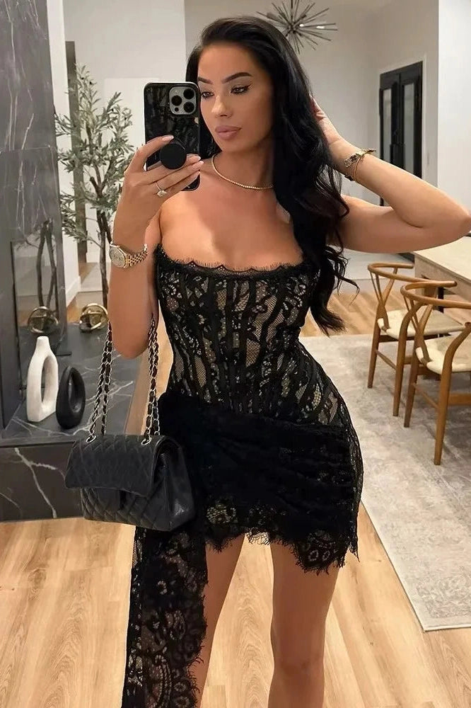 Glorol - Lace See-Through Patchwork Bodycon Irregular Mini Dress