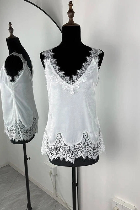 Glorol - Lace Deep V-Neck Sleeveless Loose Top