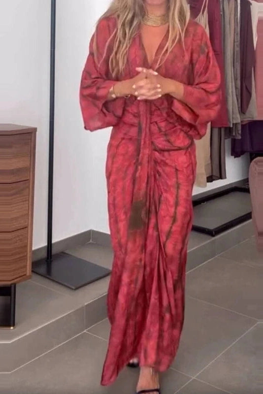Glorol - Sleeves Loose Printed Tie-Up V-Neck High Waist Pleated Maxi Dress