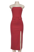 Glorol - Elegant Strapless Slit Sleeveless Slim High Waist Midi Dress