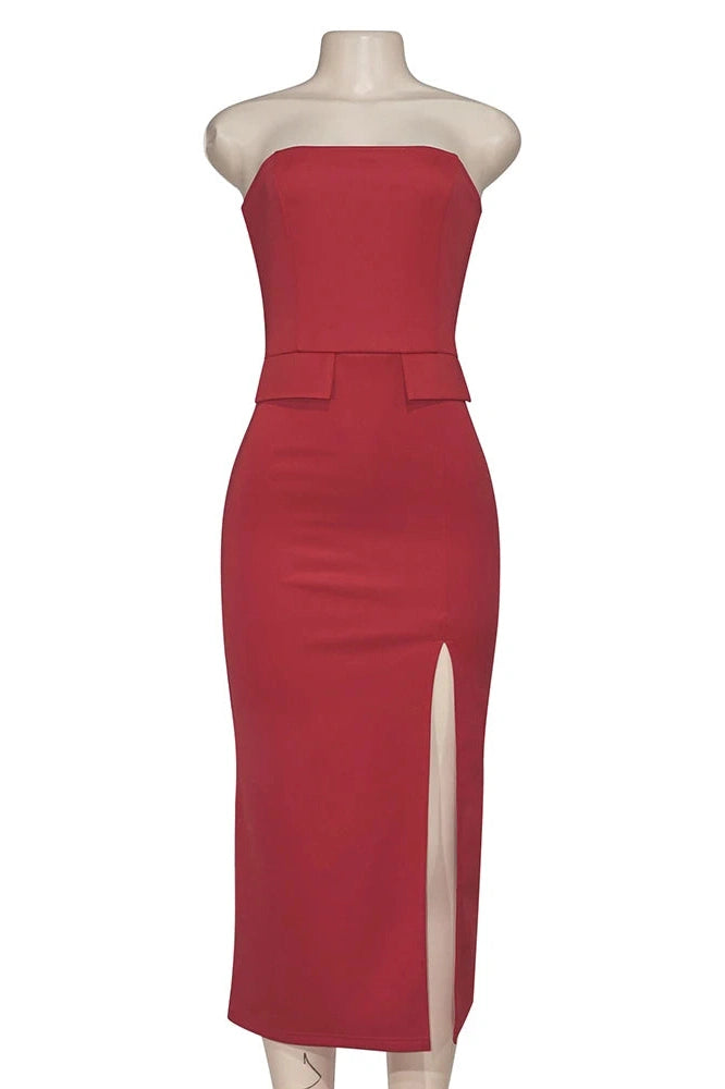 Glorol - Elegant Strapless Slit Sleeveless Slim High Waist Midi Dress