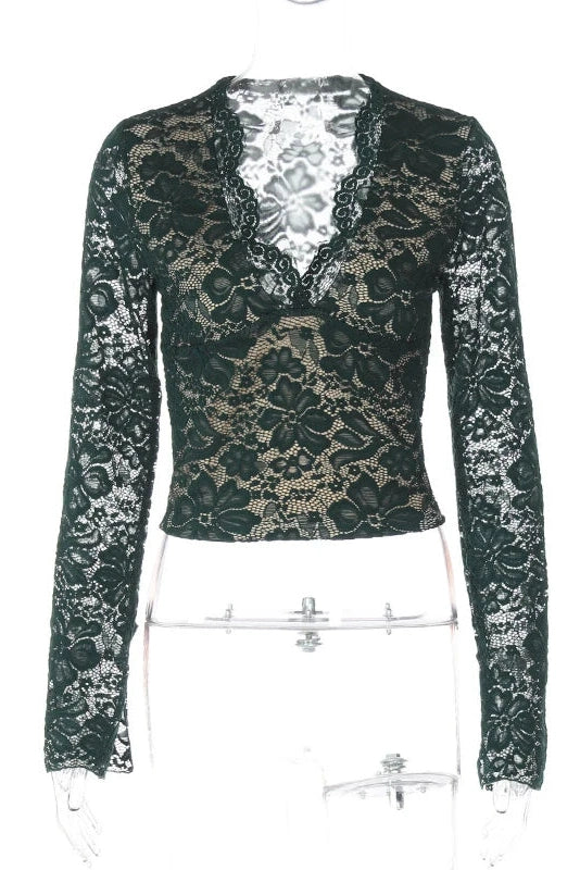 Glorol - Lace See-Through Deep V-Neck Long Sleeve Top
