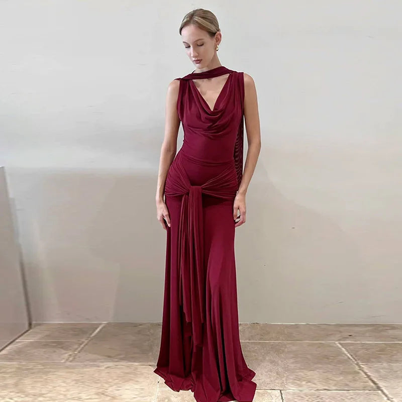 Glorol - Backless Bodycon Lace Up Sleeveless Maxi Dress