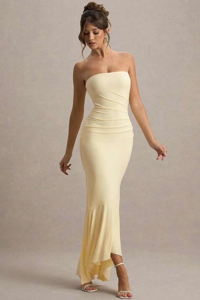 Glorol - Off-Shoulder Strapless Sleeveless Backless Bodycon Pleated Maxi Dress