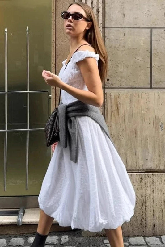 Glorol - Hollow Embroidery Off-Shoulder Slim Midi Dress