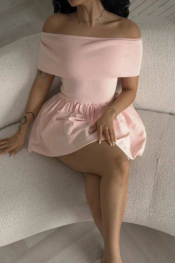 Glorol - Off Shoulder Patchwork Slash Neck Mini Dress