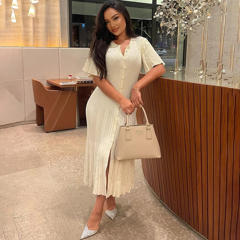 Glorol - O-Neck Short Sleeve Single Breasted Slim Midi Dress
