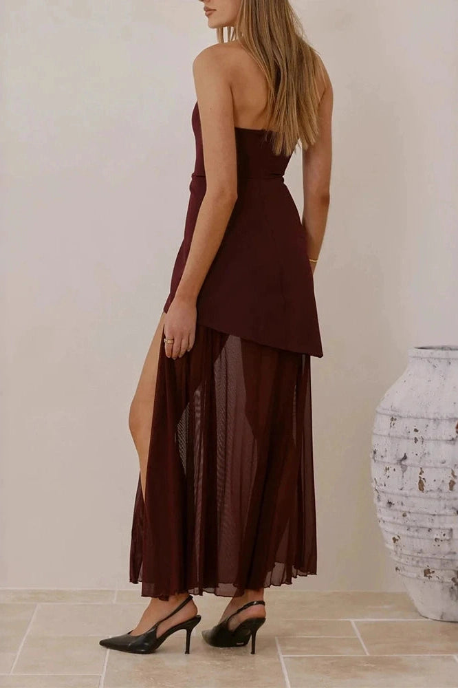 Glorol - Off Shoulder High Waist Slim Sleeveless Pleated Maxi Dress