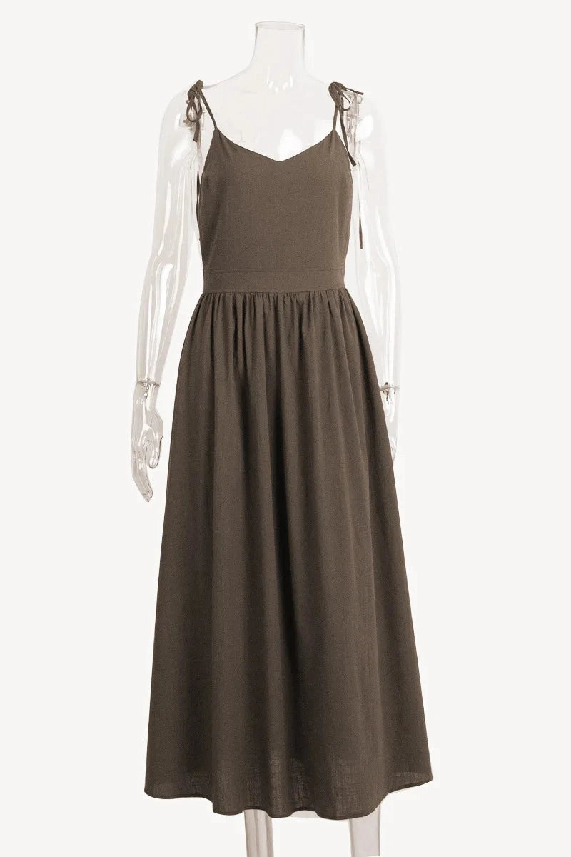Glorol - Elegant Backless V Neck Midi Dress