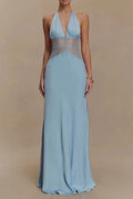 Glorol - Backless Patchwork Lace Deep V Neck Sleeveless High Waist Maxi Dress