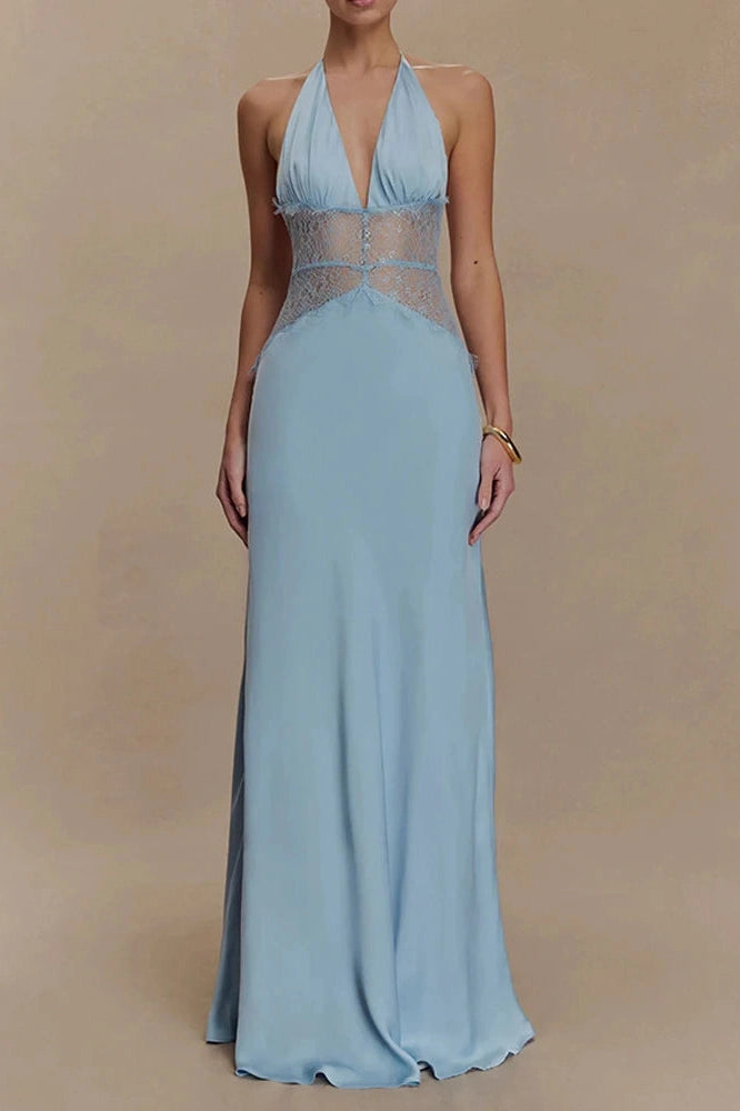 Glorol - Backless Patchwork Lace Deep V Neck Sleeveless High Waist Maxi Dress