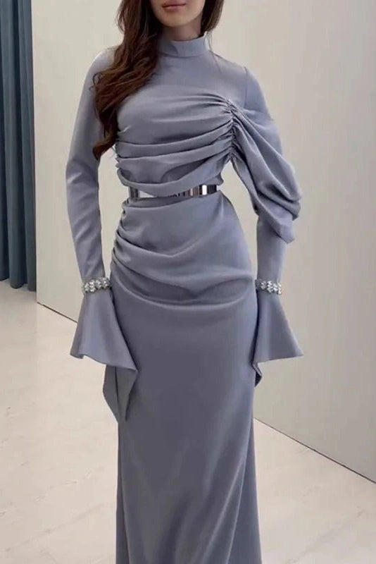 Glorol - Pleated Slim Long Sleeve High Waist Irregular Maxi Dress