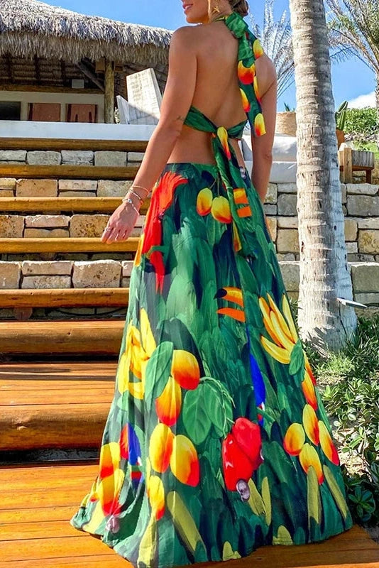 Glorol - Hollow Out Sleeveless Lace-up Printed Maxi Dress
