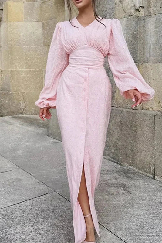 Elegant Hollow Out V-Neck High Waist Lantern Sleeve Maxi Dress